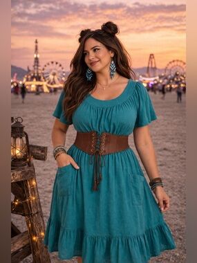 🔥5/$35🔥 Teal Boho Midi Dress With Pockets| Friends OfThe Heart | Size L